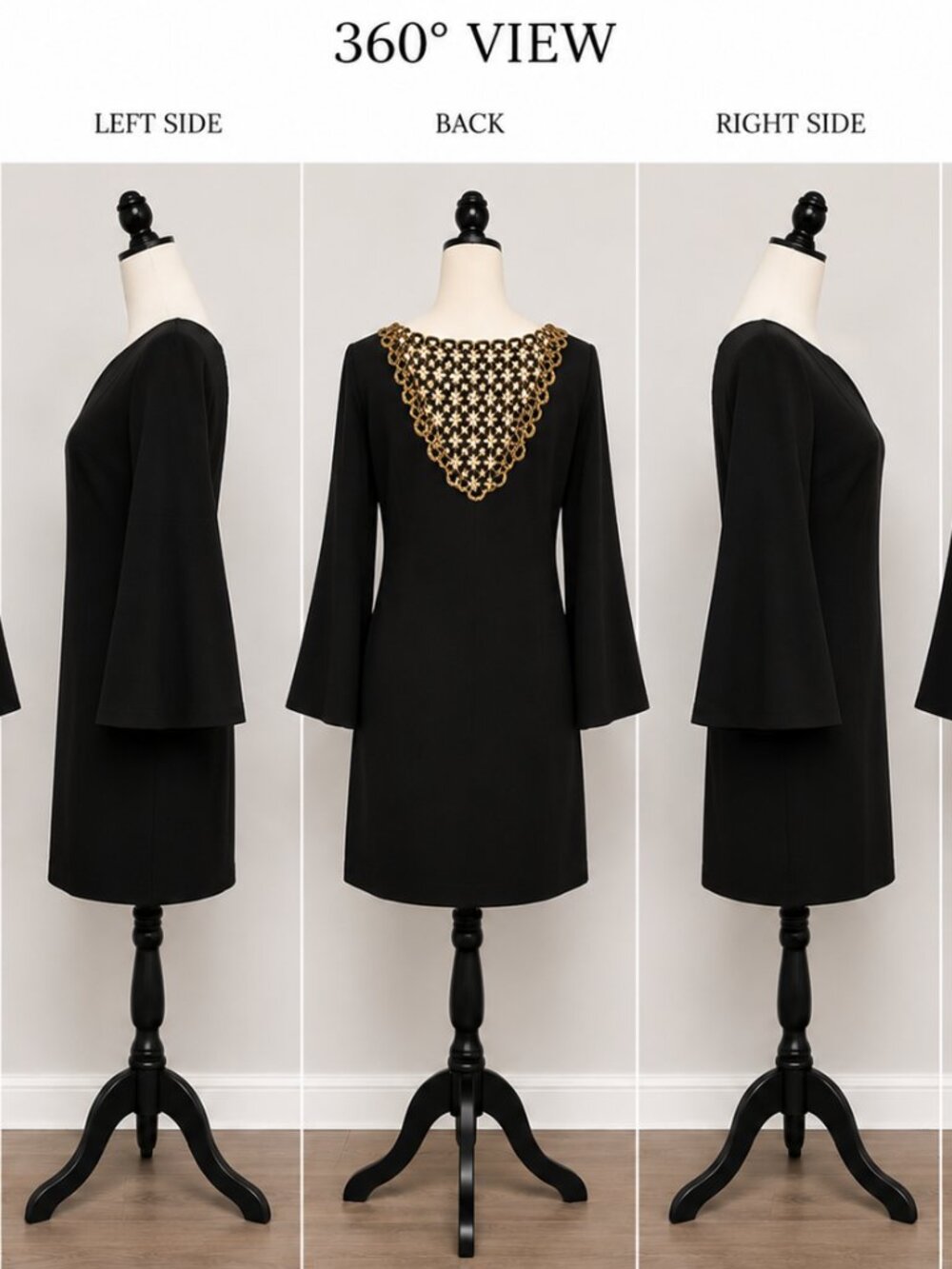 Trina Turk Elegant Black Dress with Geometric Gold Lace Back Detail